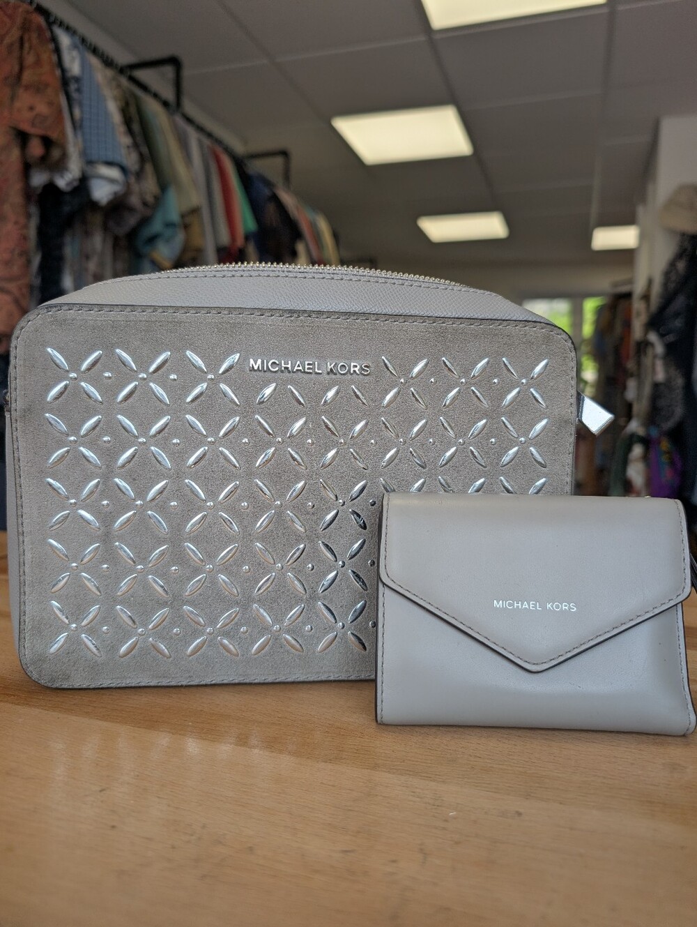 Michael Kors Gray Crossbody Bag with Card Case Set